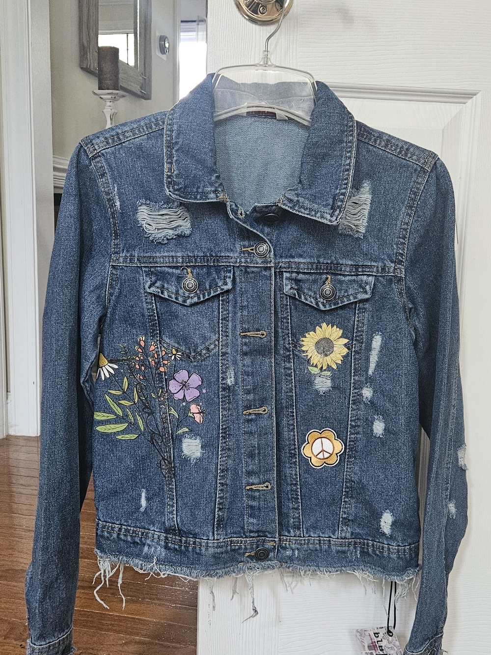 Blue Edit Distressed Embellished Denim Jacket Medium